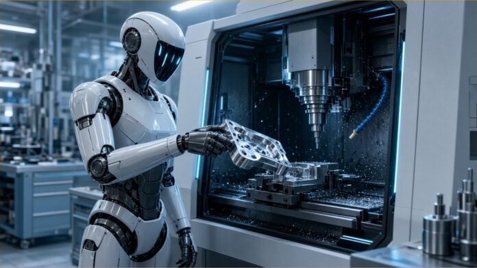 Illustration of a humanoid robot lifting a machined metal part from a CNC milling machine in a bright workshop