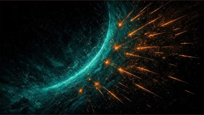 Illustration of amber needles of light striking a curved teal barrier.