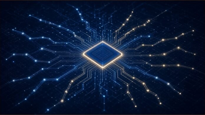 Mobilint Leads Humanoid Robot AI Chip Project in Korea | TSN Illustration of a glowing unbranded processor die with circuit traces branching outward like jointed limbs of light