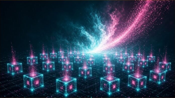 Rack of glowing compute blocks linked by teal circuit rails into a rising spiral of coin nodes