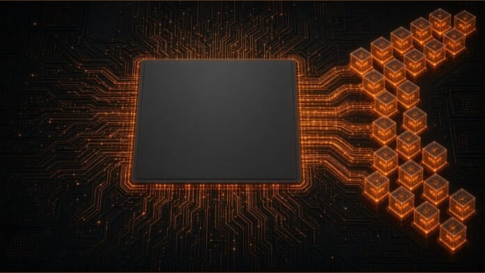 Illustration of a processor die feeding rows of glowing sandbox containers.