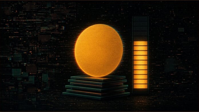Moody's Rates Ripple's RLUSD Stablecoin A2 | TSN Illustration of a plain glowing amber disc standing on a stack of slim dark plates beside a tiered gauge with most segments lit.