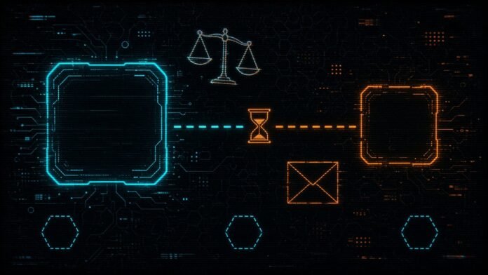 Symbol-only illustration of a cyan and an orange rounded square joined by a dashed bridge broken by an hourglass, with a balance scale above, a sealed envelope below and three blank dashed hexagons along the bottom.