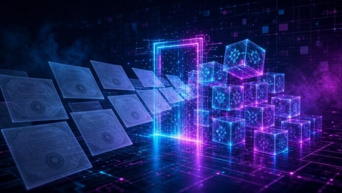 Morgan Stanley Eyes Q1 2027 for Tokenized Stocks on Its ATS Symbol-only illustration of translucent certificate tiles turning into glowing blockchain cubes as they pass through a neon gateway.