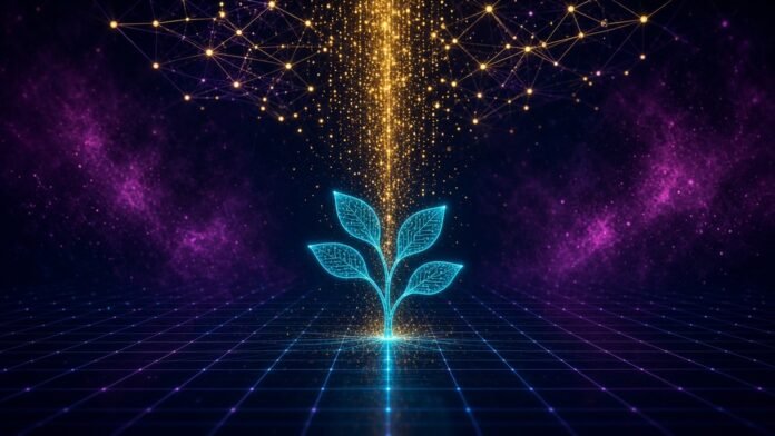 Symbol-only illustration of a glowing cyan circuit seedling sprouting from a neon grid, fed by streams of gold particles beneath a network canopy.