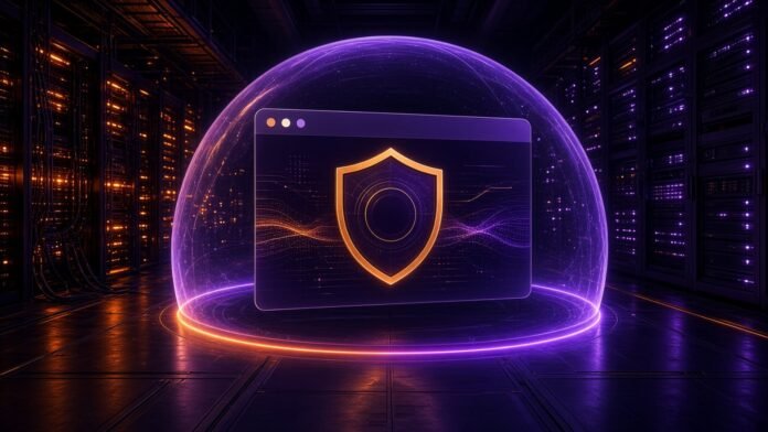 Mozilla Launches Firefox Enterprise, Starting in Europe Globe-shaped browser frame inside a wireframe server rack ringed by policy shields and padlocks