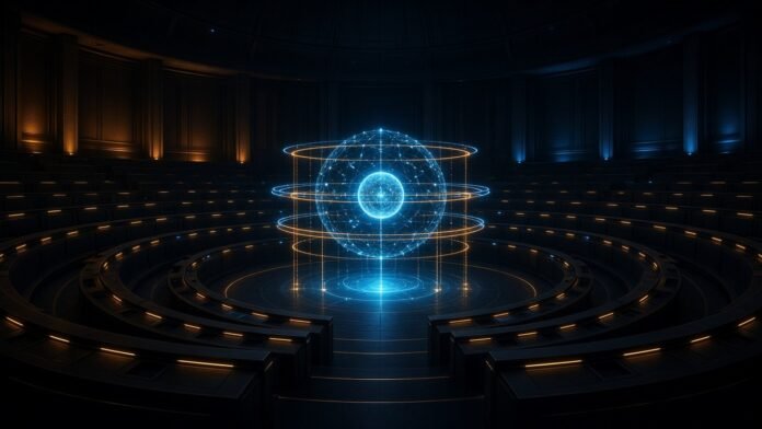 Chamber table as a circuit board with glowing cubes facing a row of amber lights