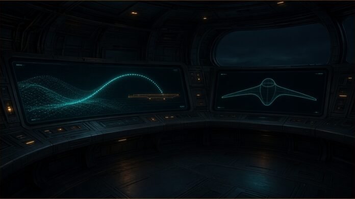 Illustration of an empty ship control room with screens showing a satellite link arc and a tailless drone outline