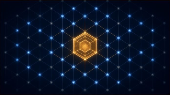 MSCI Sets Non-Operating Company Index Rules A glowing amber hexagon in a lattice of nodes, some dimmed.