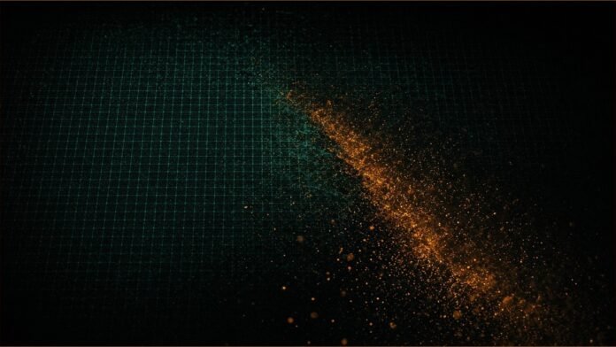 Illustration of Muji app concept in teal and amber: a dark teal grid with a band of amber particles spilling diagonally across it.