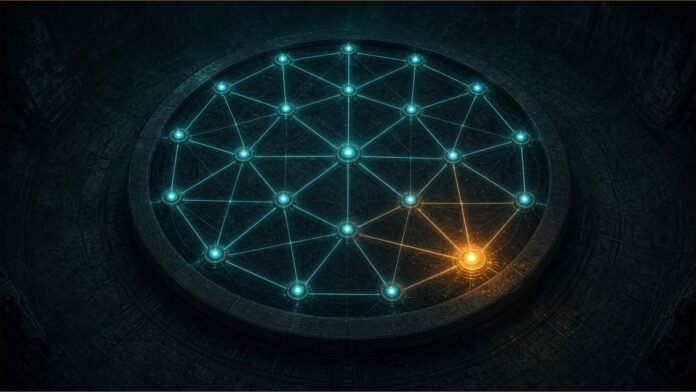 A circular ring of network nodes with one new amber node joining.