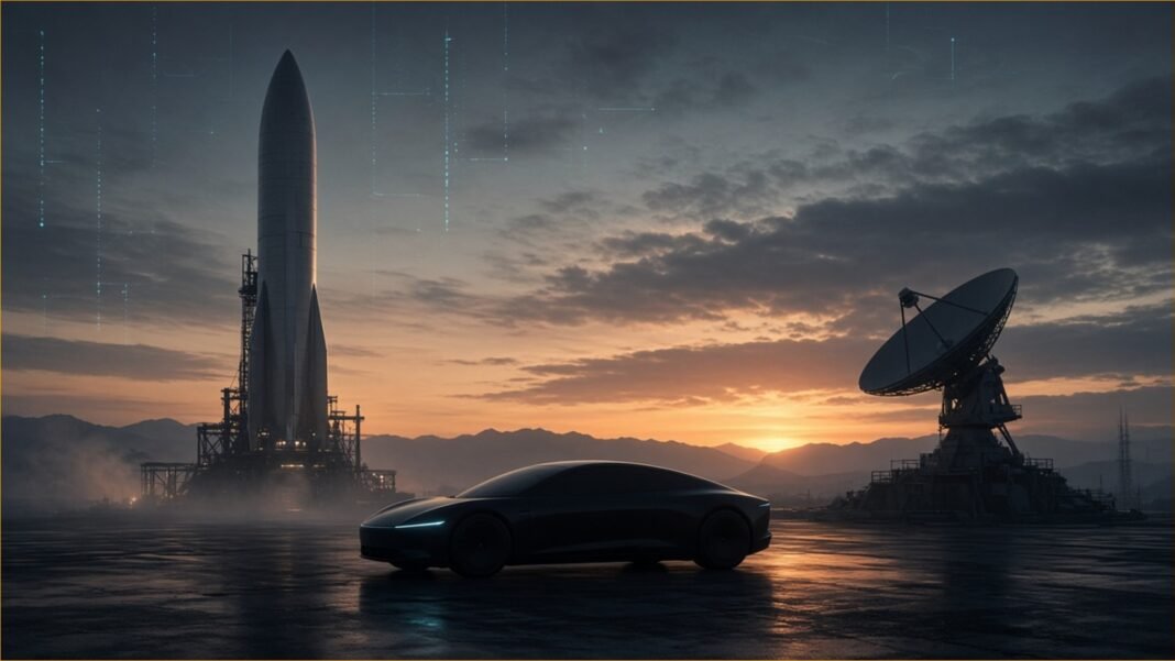 Illustration of a rocket on a launch pad at dawn with an electric car and a satellite dish