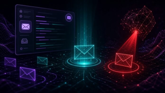 Glowing envelope on a circuit grid cracking open to reveal a red hook, scanned by a shield