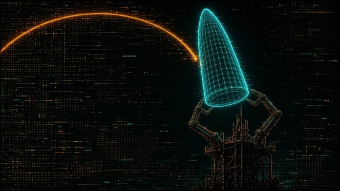Symbol-only illustration of a cyan wireframe rocket stage descending along an orange arc towards two open mechanical arms on a skeletal tower.