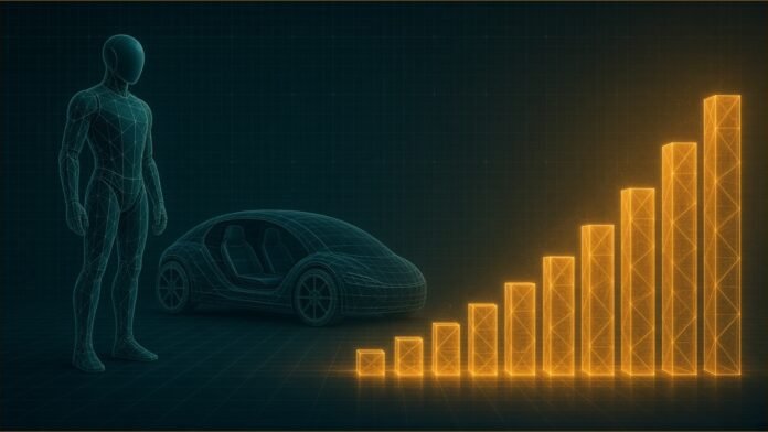 A wireframe humanoid robot and a two-seat car beside a rising amber bar chart.