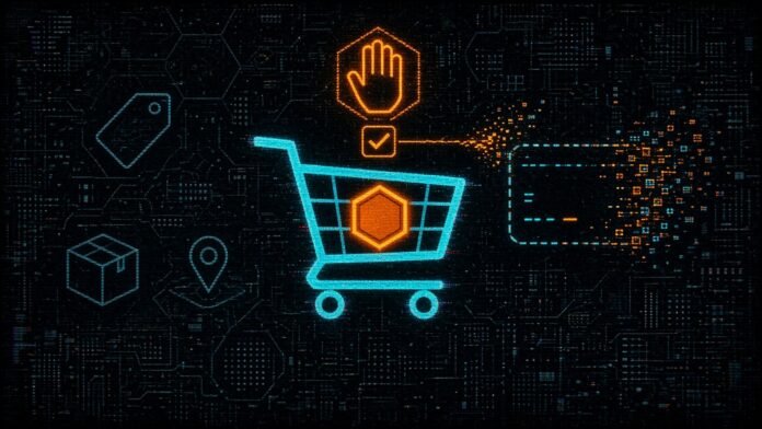 Grok Bot Shopping: Musk Backs It, and What Approval Means Symbol-only illustration of a shopping cart with a glowing hexagonal core, an approval hand-stop over a checkbox wired to a dashed single-use payment card that fades into sparks, with a price tag, parcel and location pin on the left.