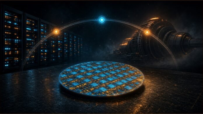 Musk Sets SpaceX Compute and Terafab Targets | TSN Illustration of a glowing silicon wafer beneath a timeline arc, with server racks and a turbine behind