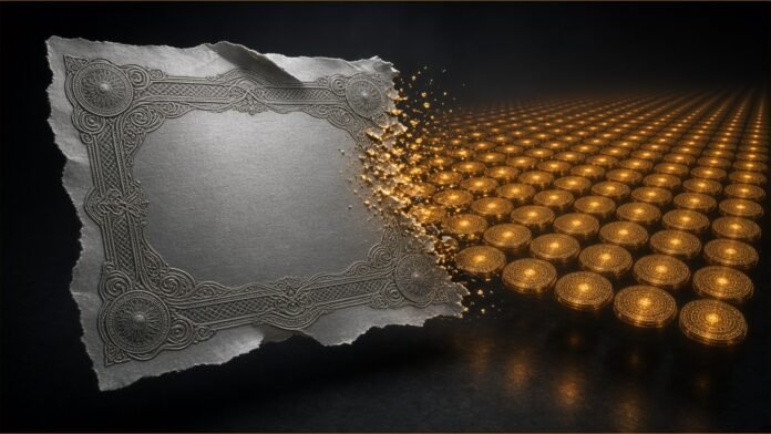 Musk Says He Will Give SpaceX Shares to Every US Kid | TSN Illustration of a blank ornate certificate fragment dissolving into a vast grid of small identical glowing tokens.