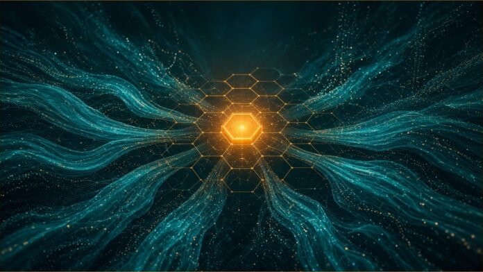 Teal data streams converging on a glowing amber hexagonal hub.