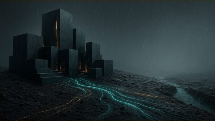 Illustration of dark geometric blocks on bare ground in the rain with glowing water-flow lines running towards a channel
