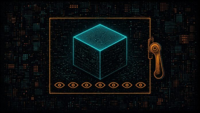Nadella: Treat AI Models Like Insider Risks, Contain Them Symbol-only illustration of a glowing cube-shaped black box inside a containment frame with a pull lever on its edge and a row of eye symbols along the bottom.