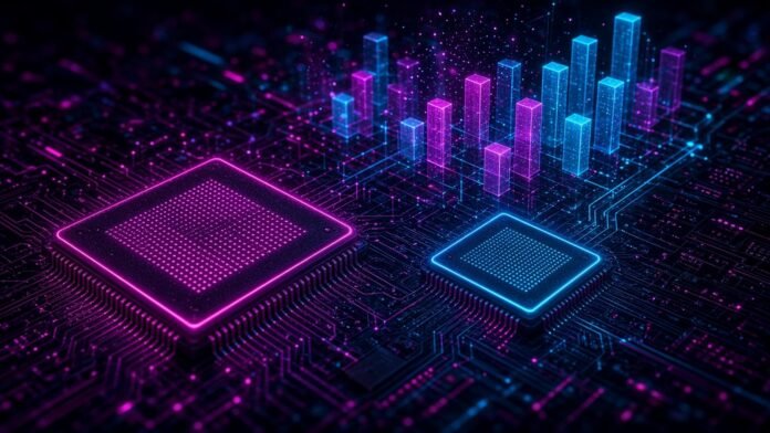Glowing memory chips on a circuit board beside rising holographic bars