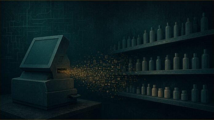 Napoleon Perdis Says 339,055 Records Hit in Breach | TSN A point-of-sale terminal leaking amber data records beside shelves of plain bottles.