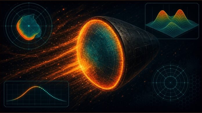 Illustration: a dark capsule underside heat-shield dish of hexagonal ablative blocks glowing at the rim against a curved Earth horizon, cool cabin-blue light inside a faint cutaway, orange and charcoal.