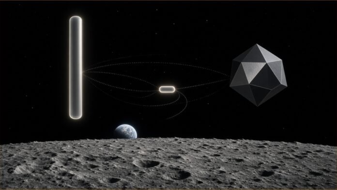 NASA Changes Moon Lander Plans for 2028 Landing | TSN Illustration of two abstract geometric shapes and a small glowing capsule joined by dotted orbital paths above a grey lunar horizon, with Earth low in the sky
