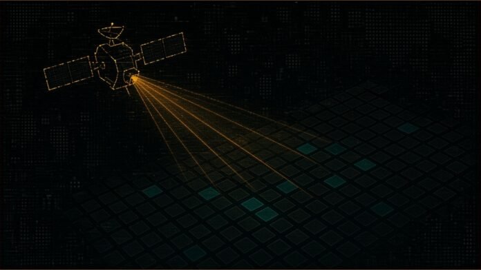 Illustration of an amber satellite outline casting a fan of scan lines onto a regular grid of square tiles, a few glowing teal