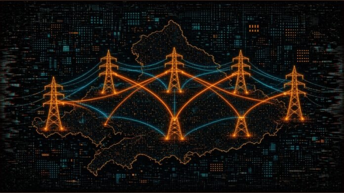 Neon amber pylons carrying load paths across a dark outline of England and Wales