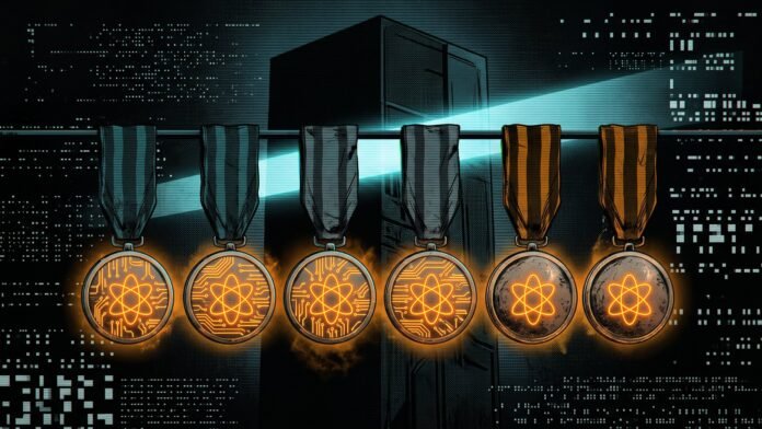 Illustration of six glowing amber medals etched with circuit traces and atom symbols, hanging from striped ribbons in front of a dark monolith lit by a cyan beam.