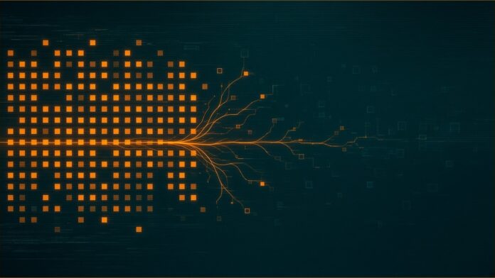 NatWest Headcount Falls by 1,000 in Third Quarter | TSN Illustration of NatWest headcount concept in teal and amber: a dense grid of glowing amber squares on deep teal that thins and fades to faint outlines on the right, crossed by a bright amber line branching into fine filaments.