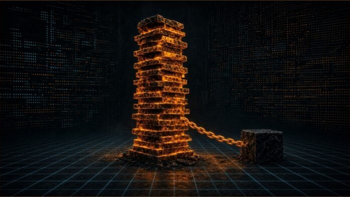 Naver Signs $9bn Brookfield Compute Deal | TSN Illustration of a tower of glowing amber slabs chained to a small dark block, with teal grid lines across the floor