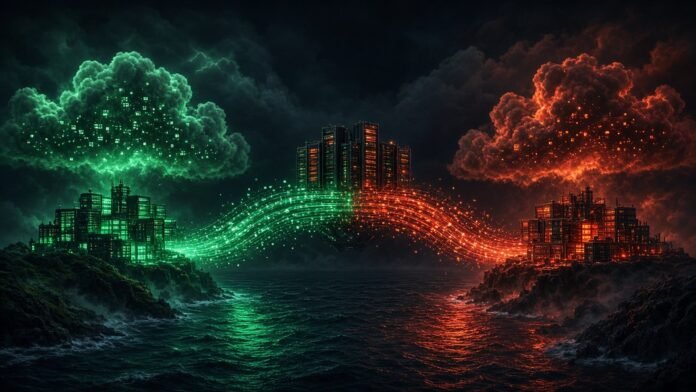 Two server-rack monoliths linked by a bridge of data light over the sea
