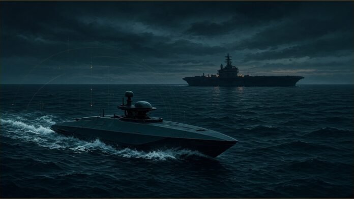 An uncrewed surface vessel at sea at night with a carrier on the horizon.