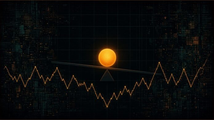 NBA Signs CFTC Pact, Names 2 Prediction Markets | TSN Illustration of a glowing amber sphere balanced on a tilted beam above a jagged amber price line, against a dark teal grid
