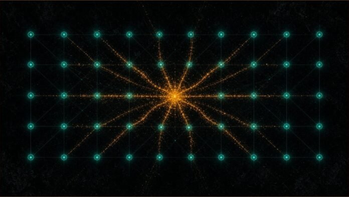 Illustration of amber light pulses converging on a bright core across a grid of teal nodes.