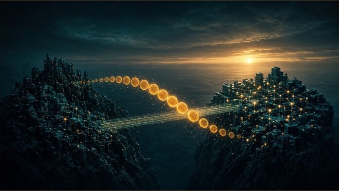 Glowing tokens crossing a light bridge between two networks at sunrise.