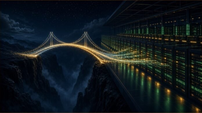 Illustration of a glowing suspension bridge of light carrying streams of particles across a chasm into a data centre hall of GPU server racks