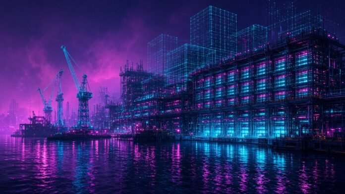 Nebius Is First Customer of VOLT's Rotterdam AI Gigafactory Symbol-only illustration of a vast glowing AI factory beside a dark harbour, with cyan-lit cranes and wireframe sections still under construction.