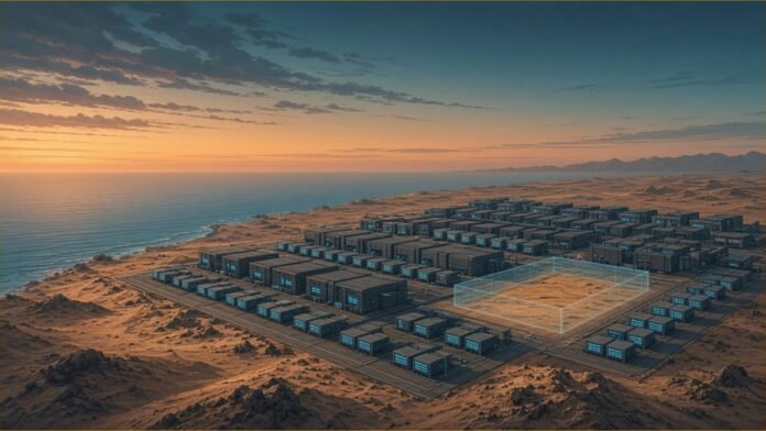 Nebius Could Take 50MW at NEOM's Oxagon AI Campus | TSN Illustration of a large modular data centre campus on a desert coastline at dusk, with one empty section outlined in glowing light