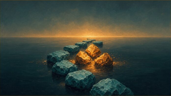 Illustration of Nebraska reskilling concept in teal and amber: a path of rough teal stepping stones across dark water, with a gap filled by glowing amber stones and the path leading to a bright amber horizon.