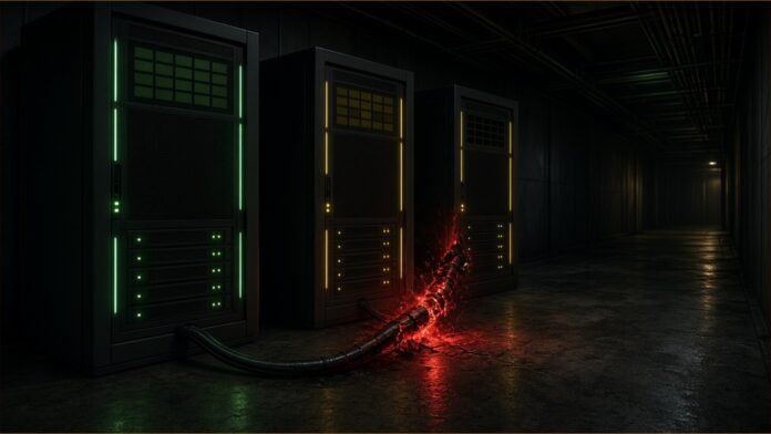 Illustration of three linked server cabinets in a dark corridor, the cable between them cracked and glowing red