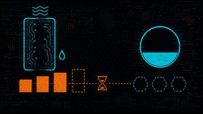 Symbol-only illustration of a cyan server-rack glyph with heat waves and a droplet, a staircase of orange blocks whose last block is dashed, a split cyan circle, an hourglass on a dashed bridge, and three blank dashed hexagons.