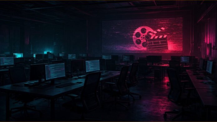 Large glowing screen-shaped frame of light tiles with a thin band of tiles dimming and drifting away