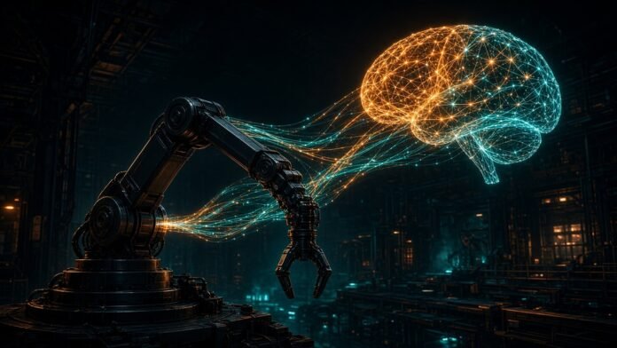 Wireframe robotic hand with sound, pressure and point-cloud streams flowing into a neural core