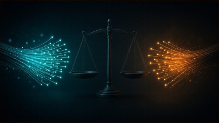 Nexfibre Refuses CMA Remedies on £2bn Netomnia Deal | TSN Illustration of two bundles of glowing fibre-optic strands held apart by a set of balance scales.