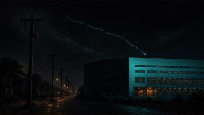 NextDC Cuts FY27 Guidance on M3 Melbourne Power Delay | TSN Illustration of a data centre at night beside power poles, under a falling dotted line