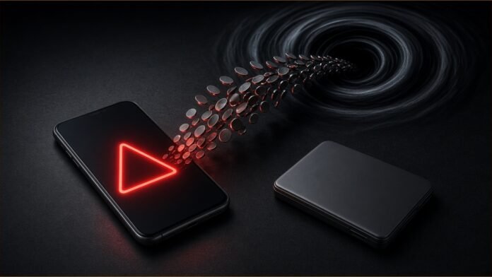 Illustration of a phone showing a red warning shape as coins stream from it into a dark vortex, beside an intact hardware wallet.
